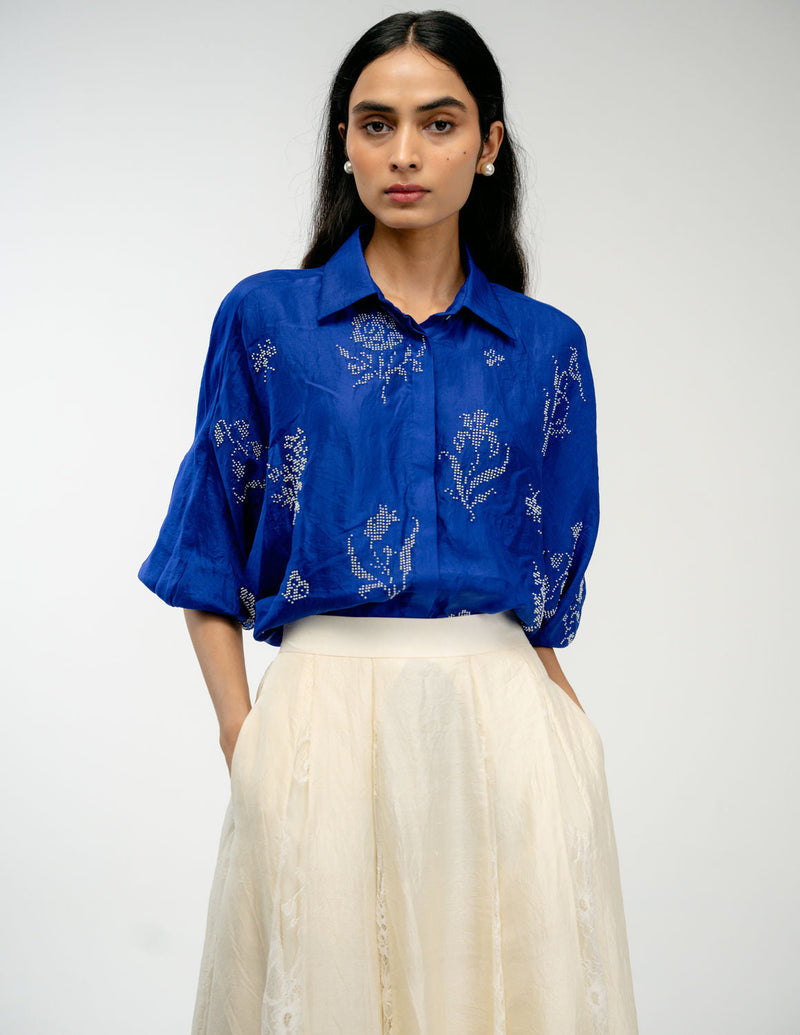 Woven Memory Shirt mulberry silk top/shirt by Ode to Odd in blue for women in Singapore