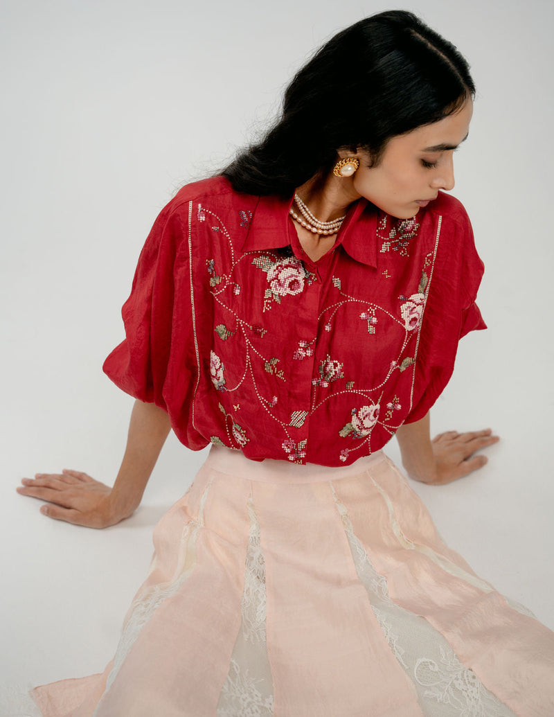 Forgotten Bloom Shirt mulberry silk top/shirt by Ode to Odd in red for women in Singapore