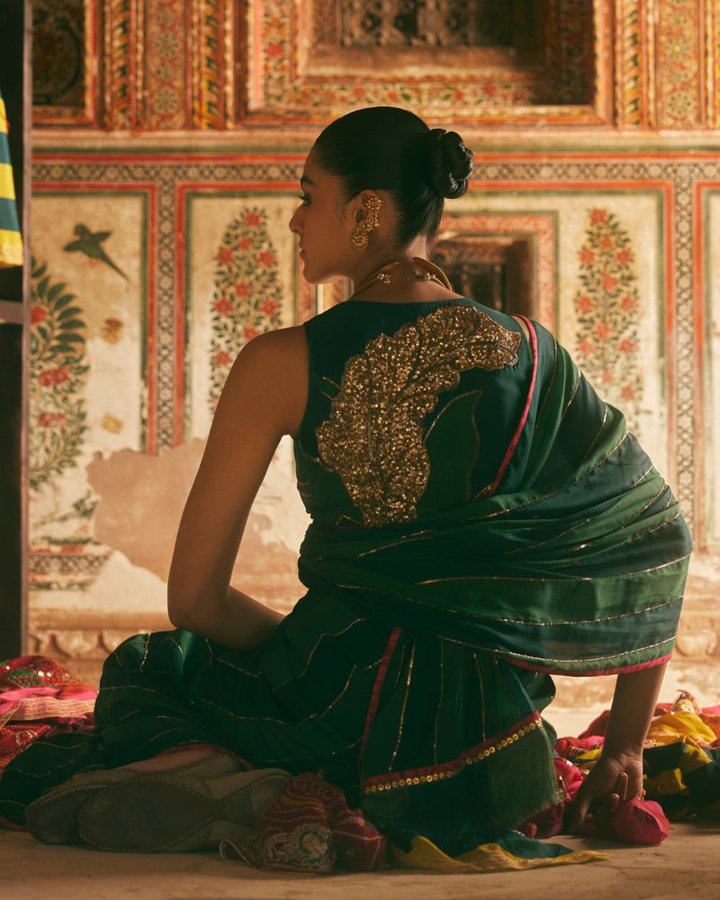 Khel Teal Green Stripe Saree With Waistcoat Blouse by Rajiramniq in green color for women in Singapore