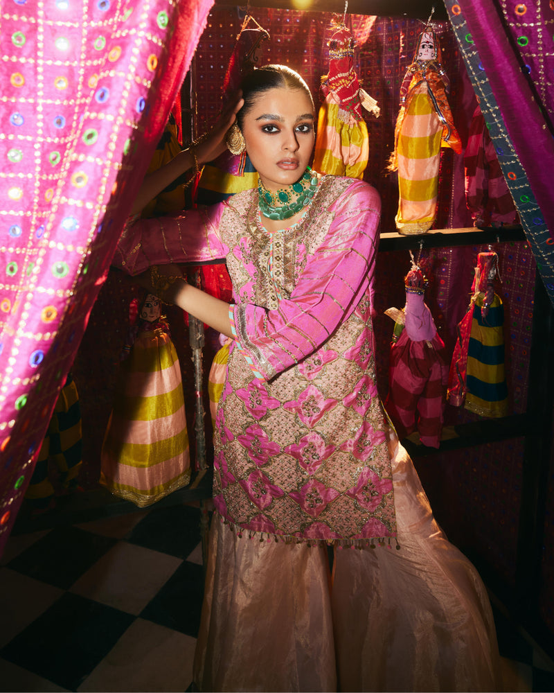 Khel Hot Pink Gharara Set silk by Rajiramniq in multi color for women in Singapore