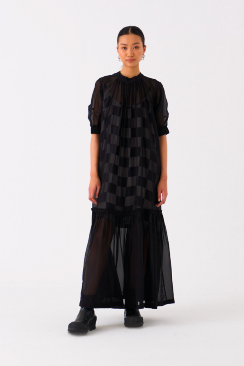 SHEER BOTTOM FRILL DRESS
-BLACK organza by THREE in black color for women in Singapore
