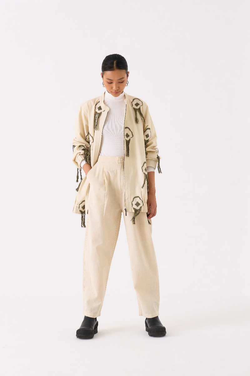 FRINGE BOMBER JACKET CO-ORD 
(SET OF 2)-IVORY by THREE in ivory color for women in Singapore