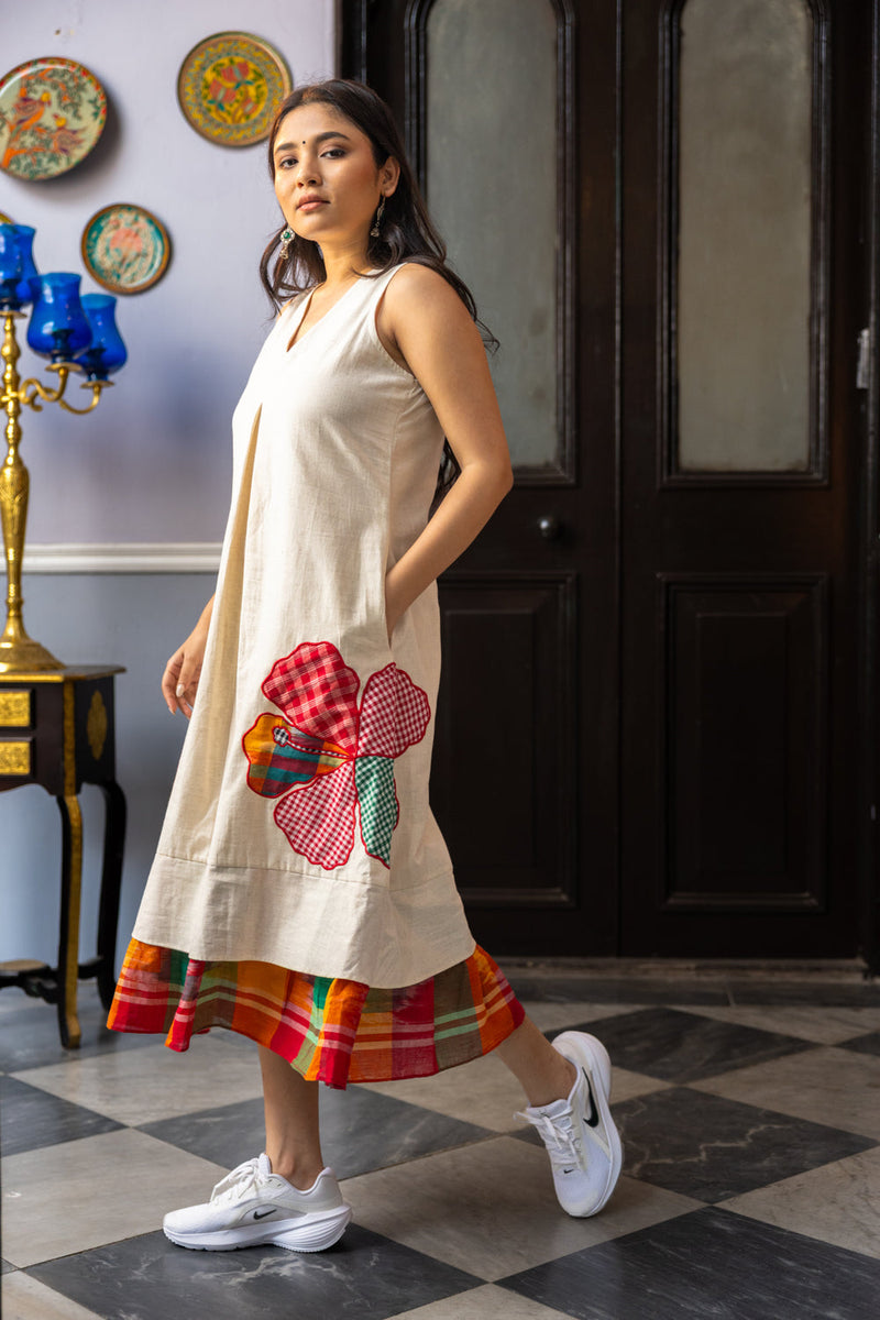 Sienna Dress cotton,gamcha dress by 145 East in white,multi-color for women in Singapore