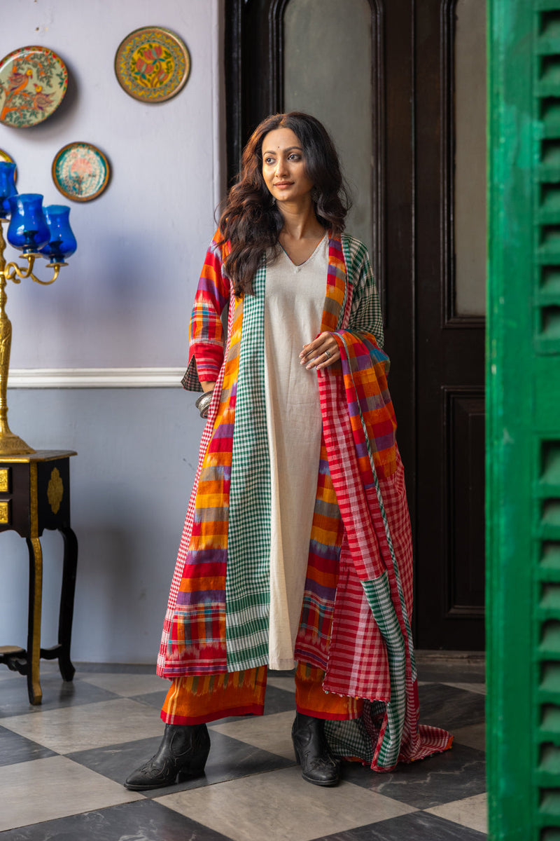 Noma Dress+Palazzo+Dupatta Set cotton,gamcha co-ord set by 145 East in white,multi-color for women in Singapore