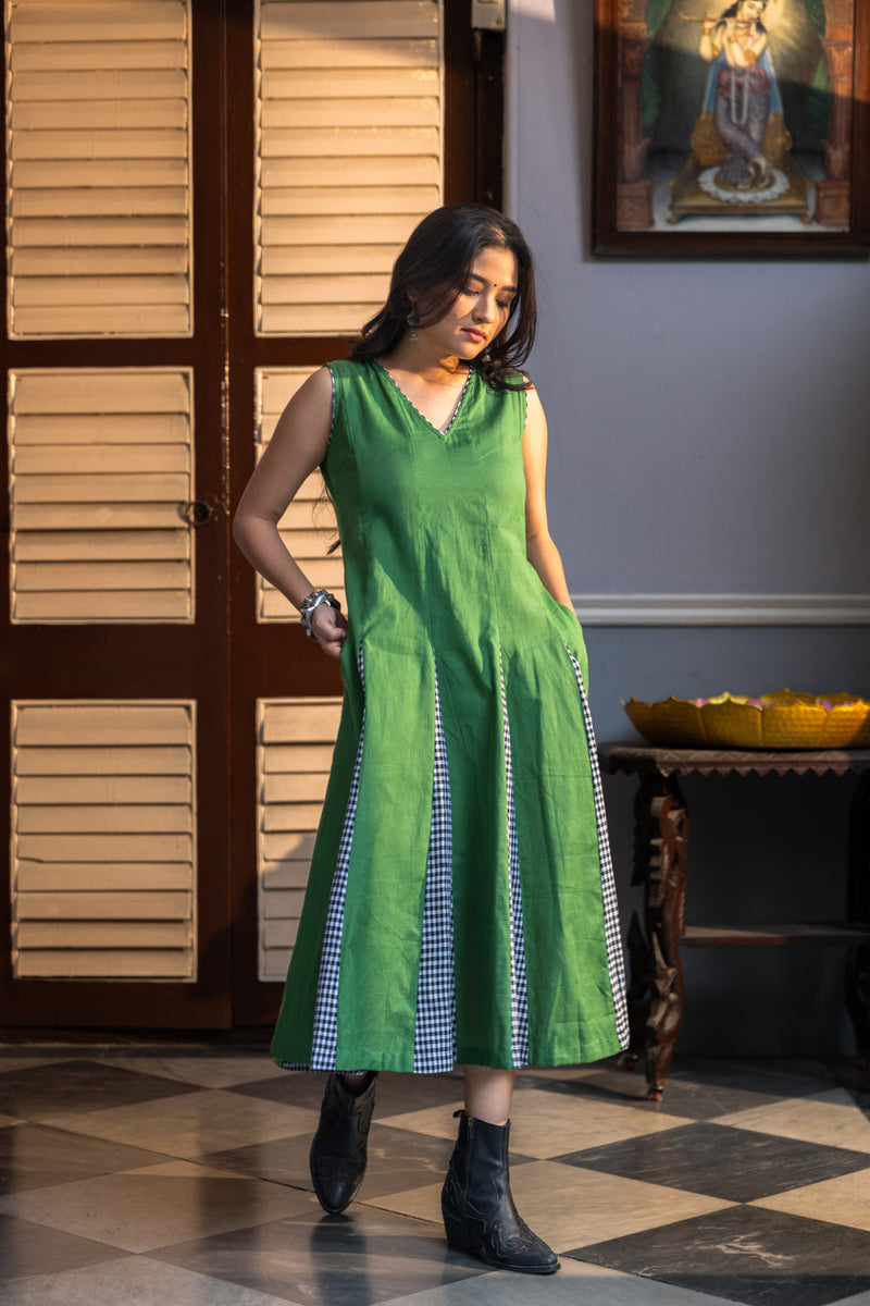 Sage Dress cotton,gamcha dress by 145 East in green,black for women in Singapore