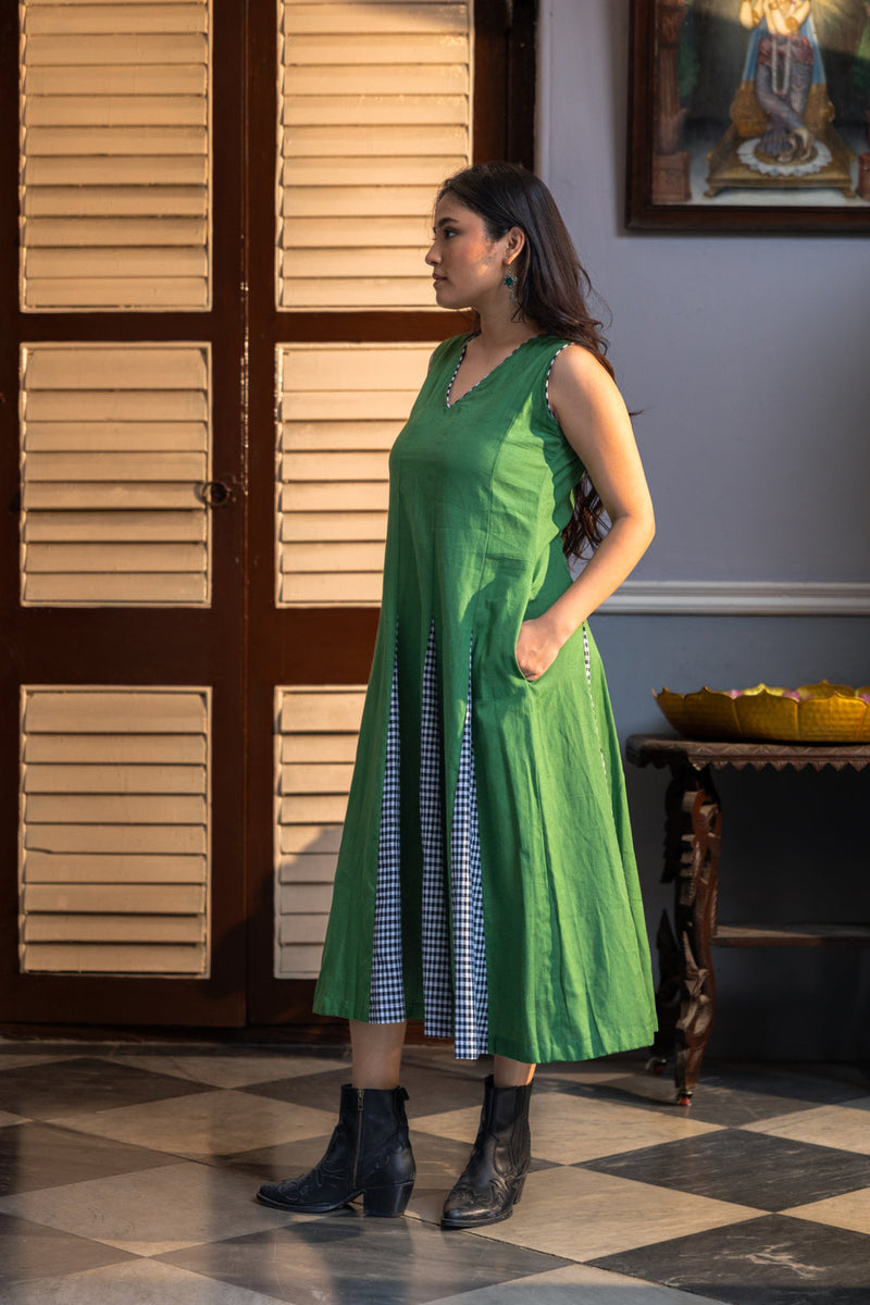 Sage Dress cotton,gamcha dress by 145 East in green,black for women in Singapore