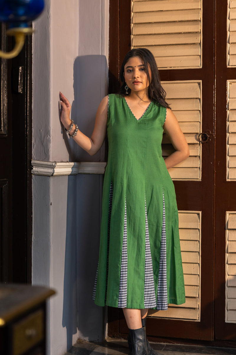 Sage Dress cotton,gamcha dress by 145 East in green,black for women in Singapore
