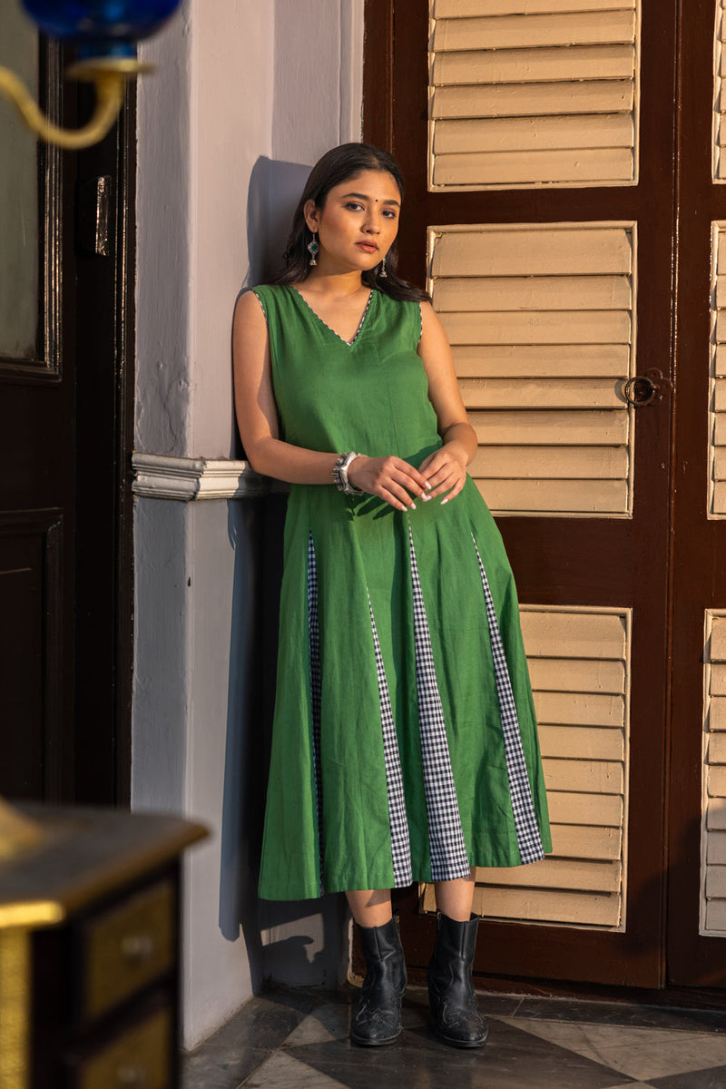 Sage Dress cotton,gamcha dress by 145 East in green,black for women in Singapore