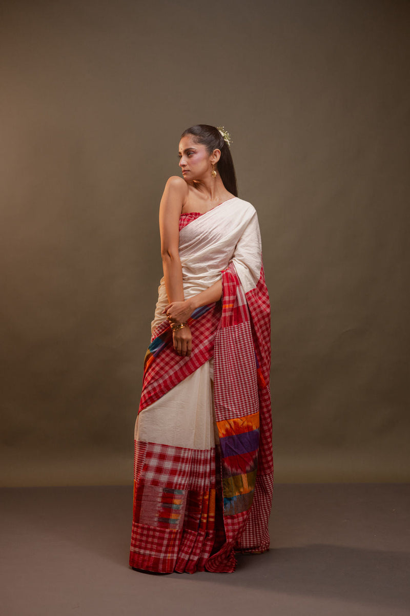 Serein Saree-Yellows & Reds cotton, gamcha saree by 145 East in red, white, multicolour for women in Singapore