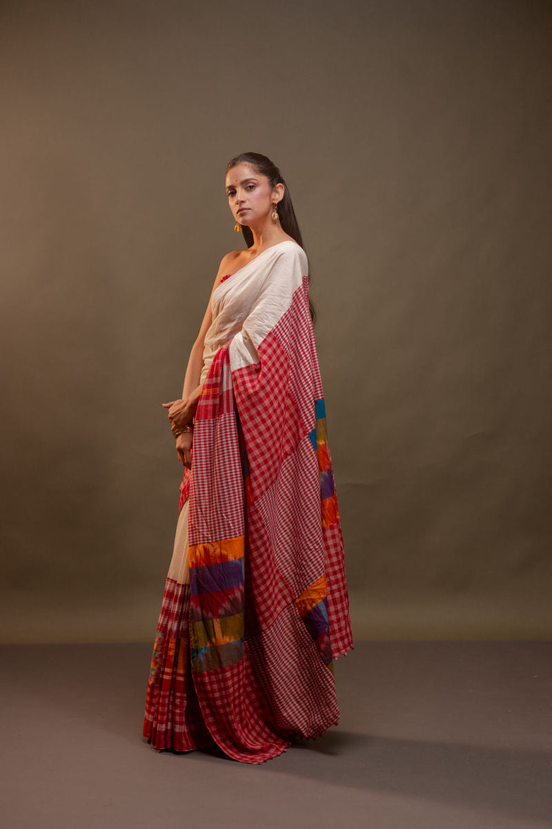 Serein Saree-Yellows & Reds cotton, gamcha saree by 145 East in red, white, multicolour for women in Singapore