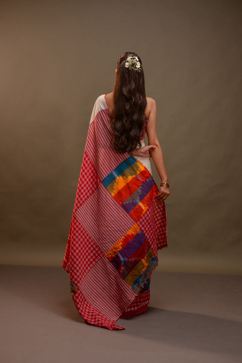Serein Saree-Yellows & Reds cotton, gamcha saree by 145 East in red, white, multicolour for women in Singapore