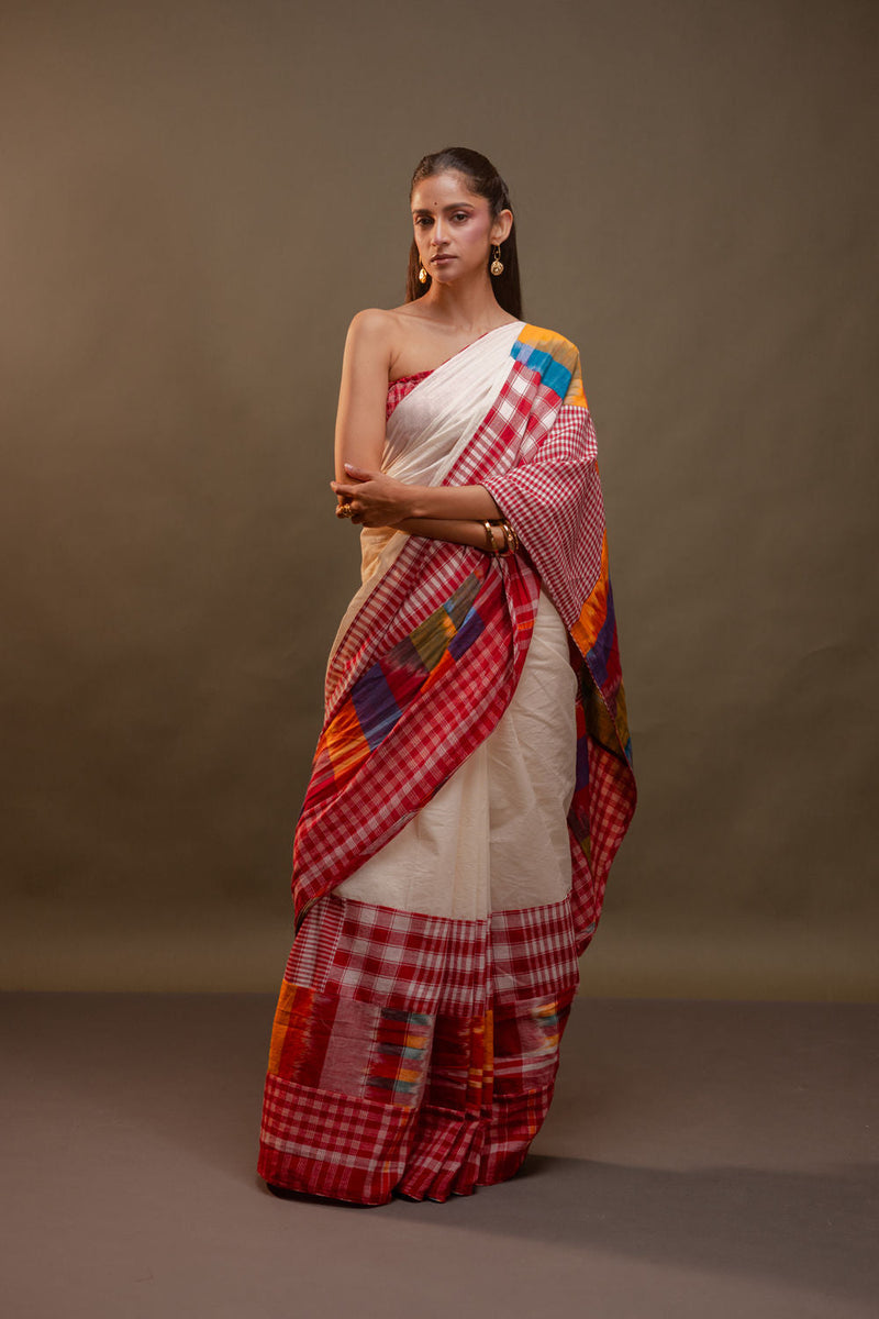 Serein Saree-Yellows & Reds cotton, gamcha saree by 145 East in red, white, multicolour for women in Singapore