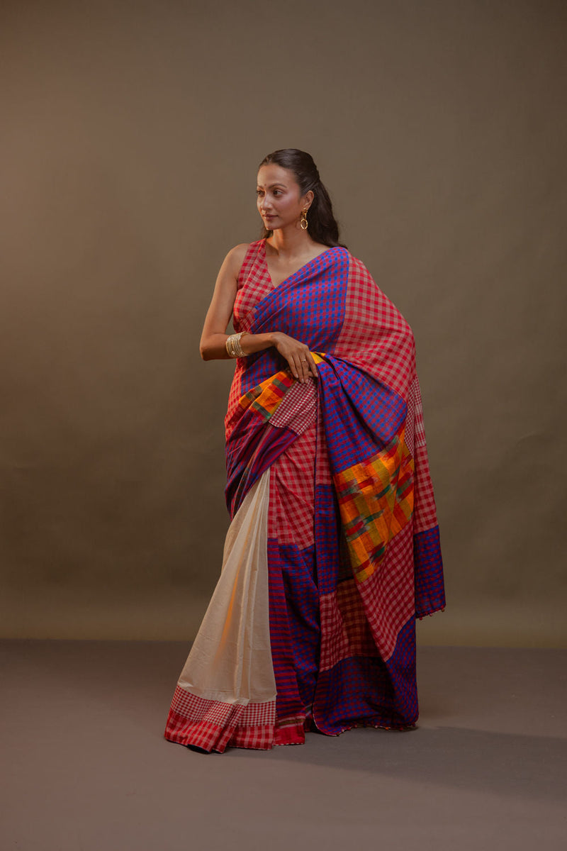 Vera Saree-Red & Purple cotton, gamcha saree by 145 East in red, white, purple for women in Singapore