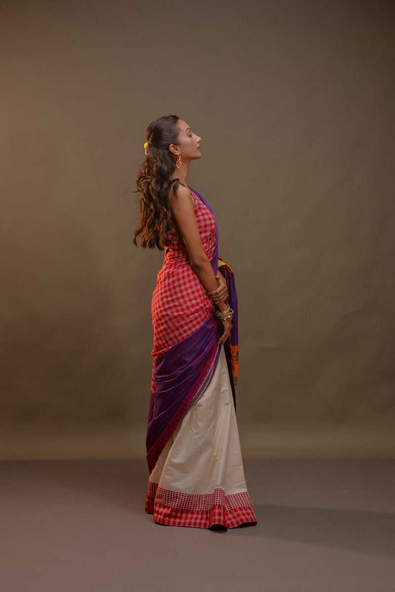Vera Saree-Red & Purple cotton, gamcha saree by 145 East in red, white, purple for women in Singapore