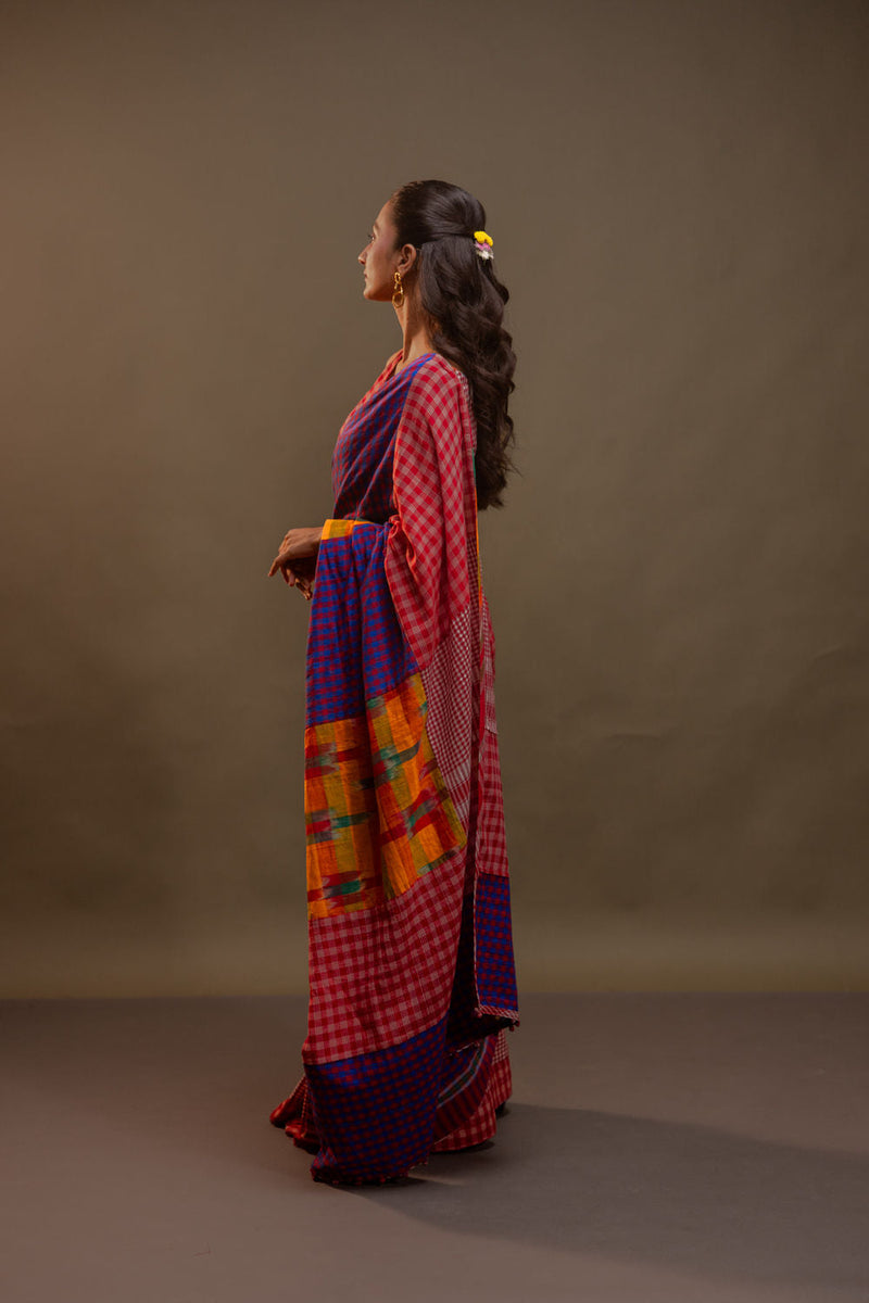 Vera Saree-Red & Purple cotton, gamcha saree by 145 East in red, white, purple for women in Singapore