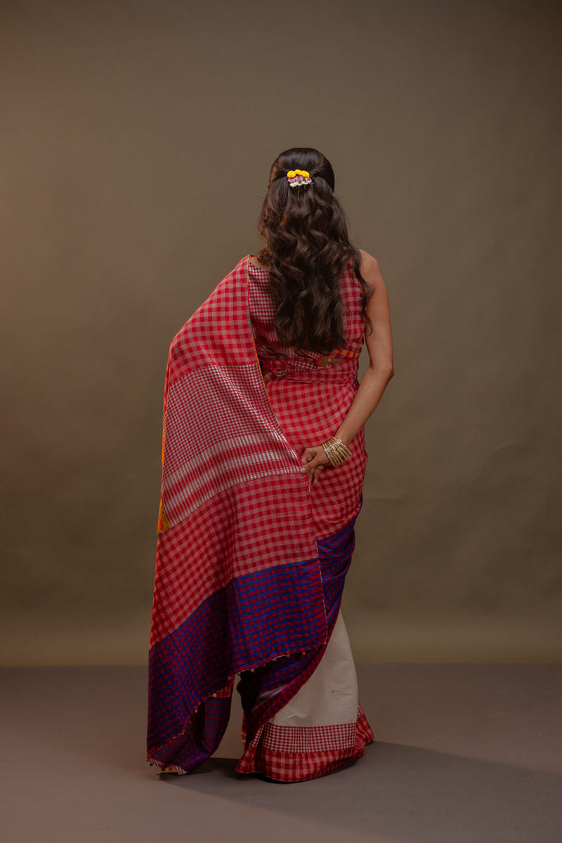 Vera Saree-Red & Purple cotton, gamcha saree by 145 East in red, white, purple for women in Singapore