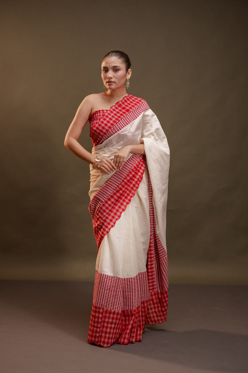 The Heirloom Saree-Red & White cotton, gamcha saree by 145 East in red, white for women in Singapore