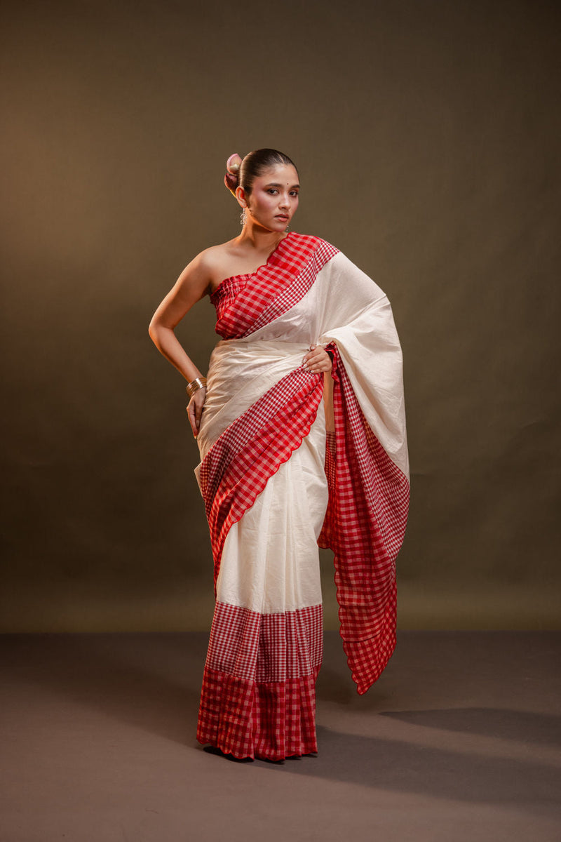 The Heirloom Saree-Red & White cotton, gamcha saree by 145 East in red, white for women in Singapore