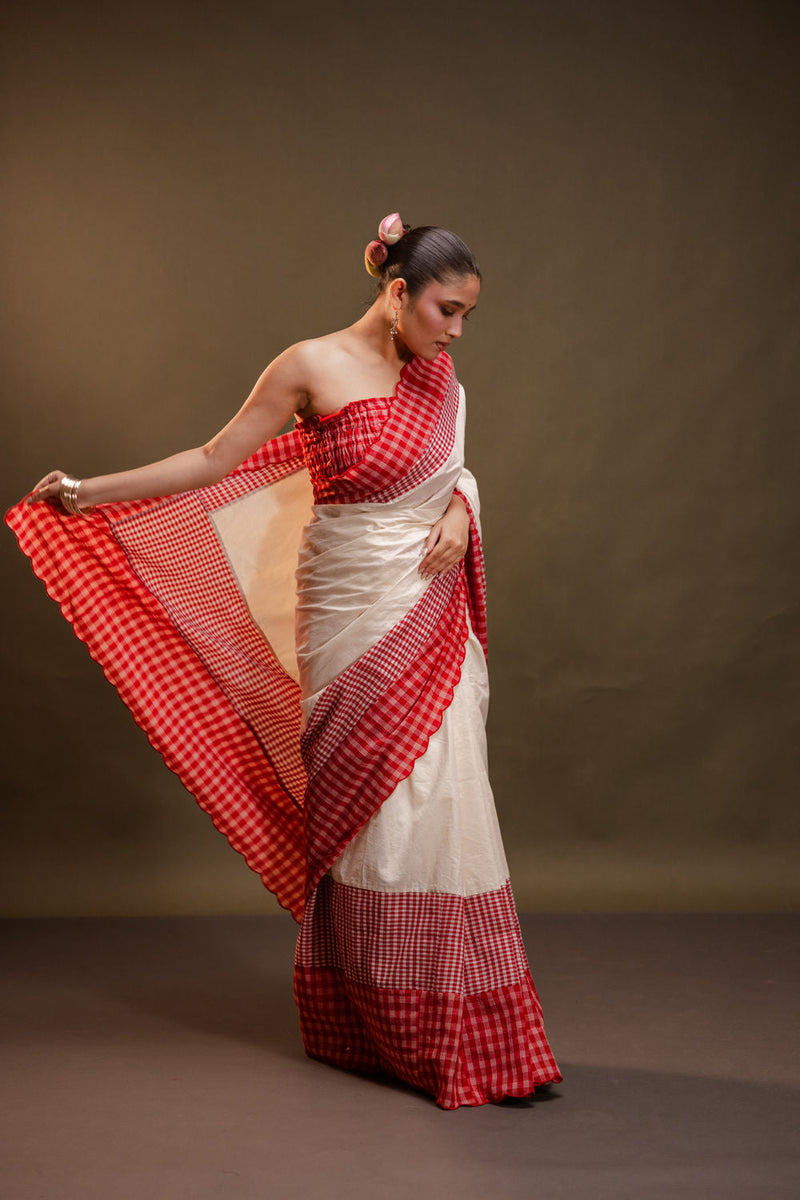 The Heirloom Saree-Red & White cotton, gamcha saree by 145 East in red, white for women in Singapore