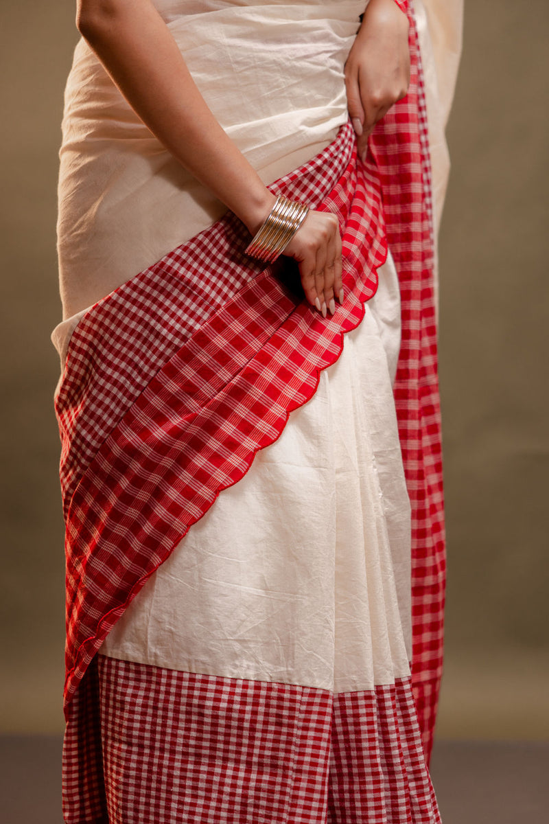 The Heirloom Saree-Red & White cotton, gamcha saree by 145 East in red, white for women in Singapore