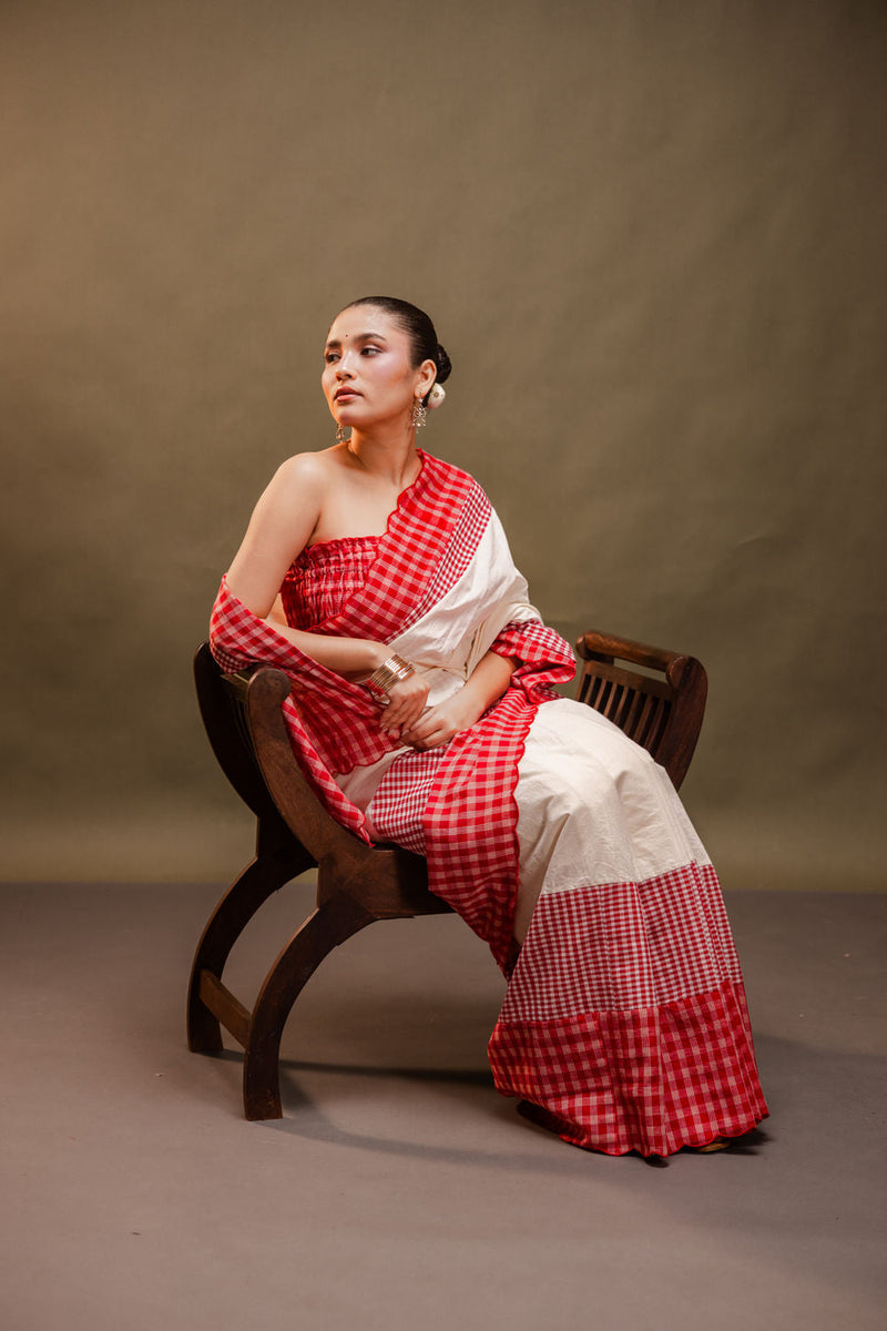 The Heirloom Saree-Red & White cotton, gamcha saree by 145 East in red, white for women in Singapore