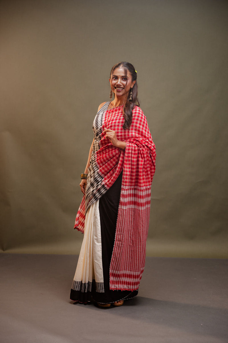 Dawn Saree-Red & Black Checkered cotton, gamcha saree by 145 East in red, black, white for women in Singapore
