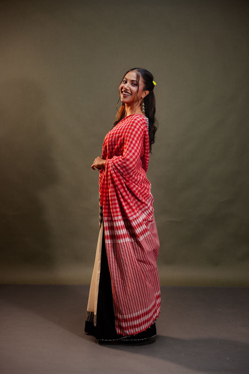 Dawn Saree-Red & Black Checkered cotton, gamcha saree by 145 East in red, black, white for women in Singapore