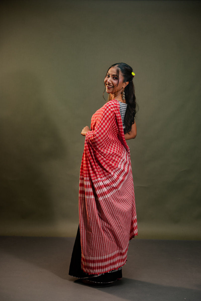 Dawn Saree-Red & Black Checkered cotton, gamcha saree by 145 East in red, black, white for women in Singapore