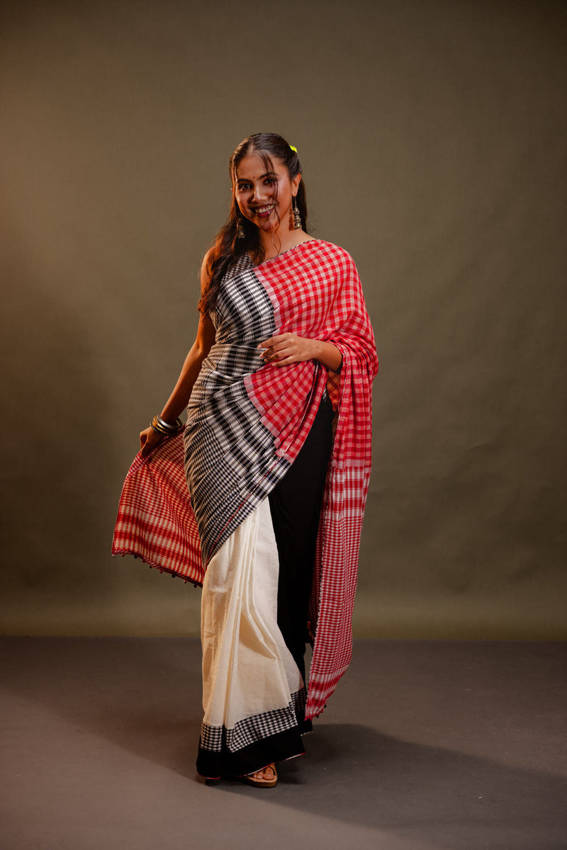 Dawn Saree-Red & Black Checkered cotton, gamcha saree by 145 East in red, black, white for women in Singapore