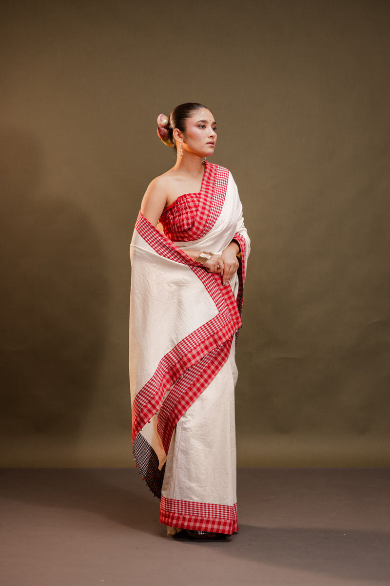 Hibiscus Reversible Saree cotton, gamcha saree by 145 East in red, black, white for women in Singapore