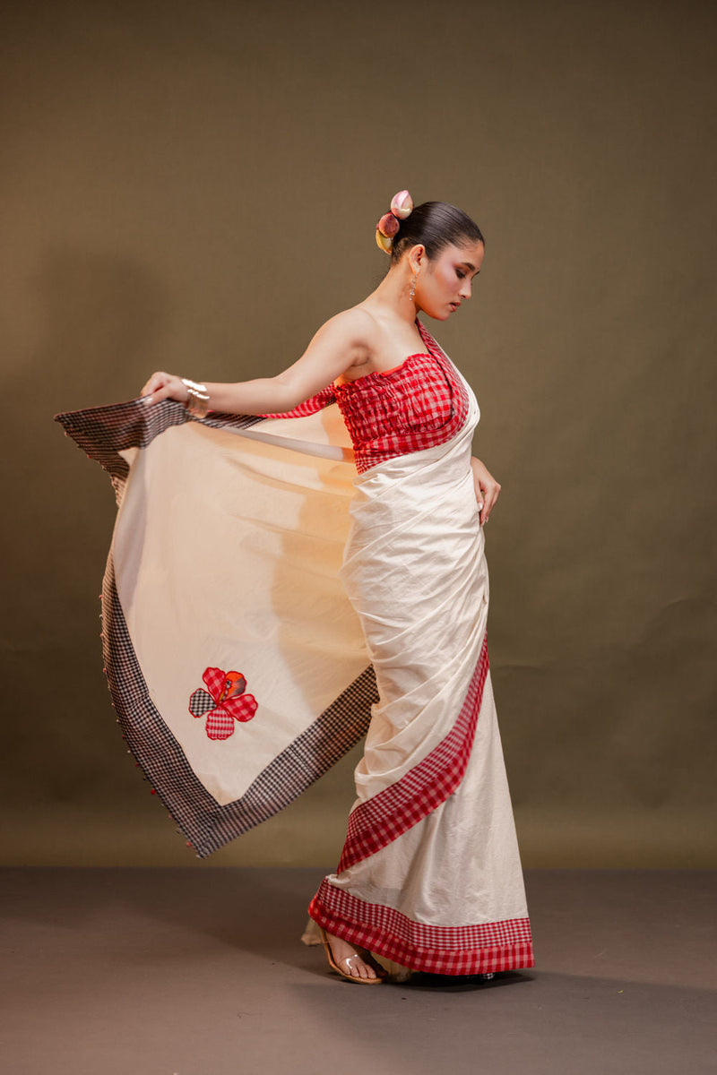 Hibiscus Reversible Saree cotton, gamcha saree by 145 East in red, black, white for women in Singapore