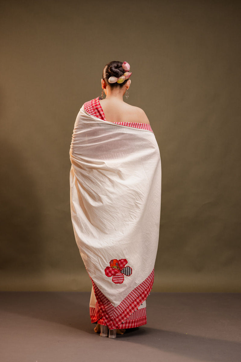 Hibiscus Reversible Saree cotton, gamcha saree by 145 East in red, black, white for women in Singapore