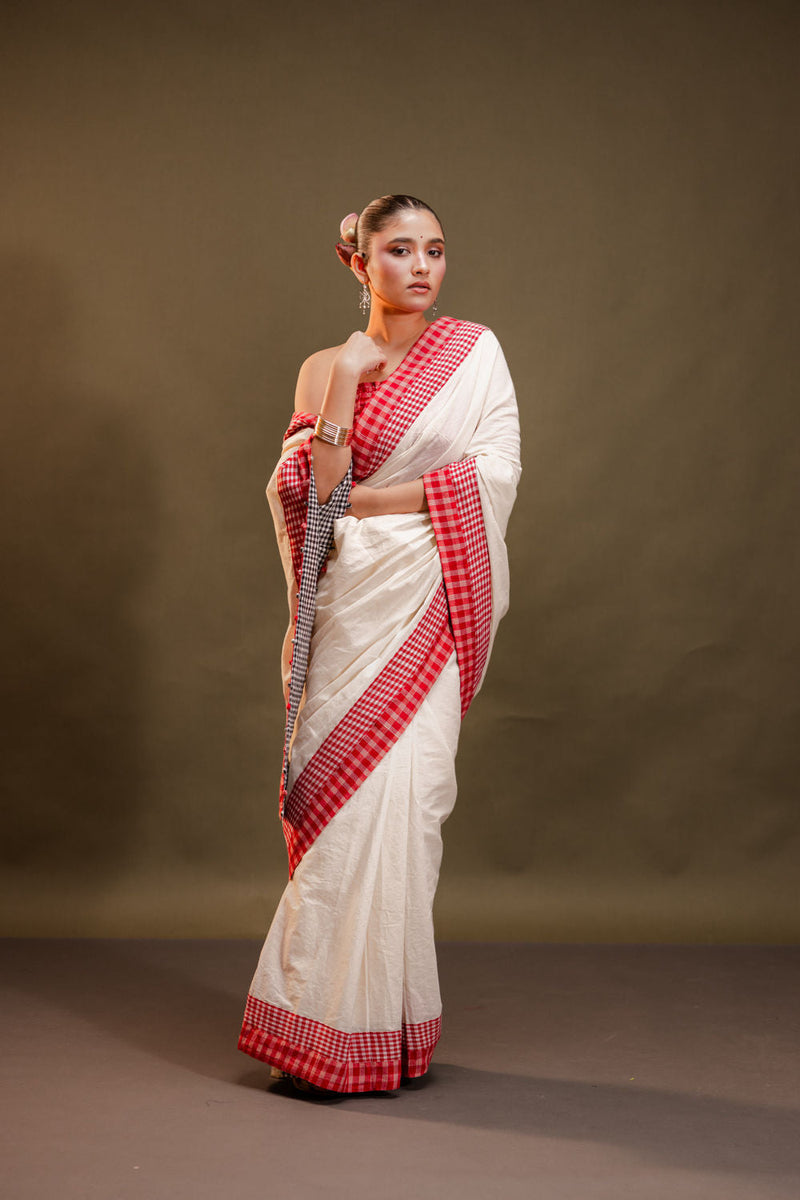 Hibiscus Reversible Saree cotton, gamcha saree by 145 East in red, black, white for women in Singapore