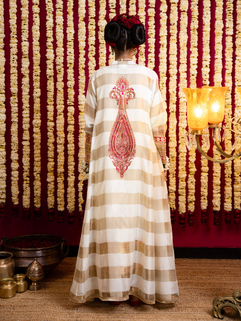 3 Pc Jacket, Inner & Pant Set-Offwhite / Gold chanderi silk indo-western by Sabo by Sabina in yellow for women in Singapore