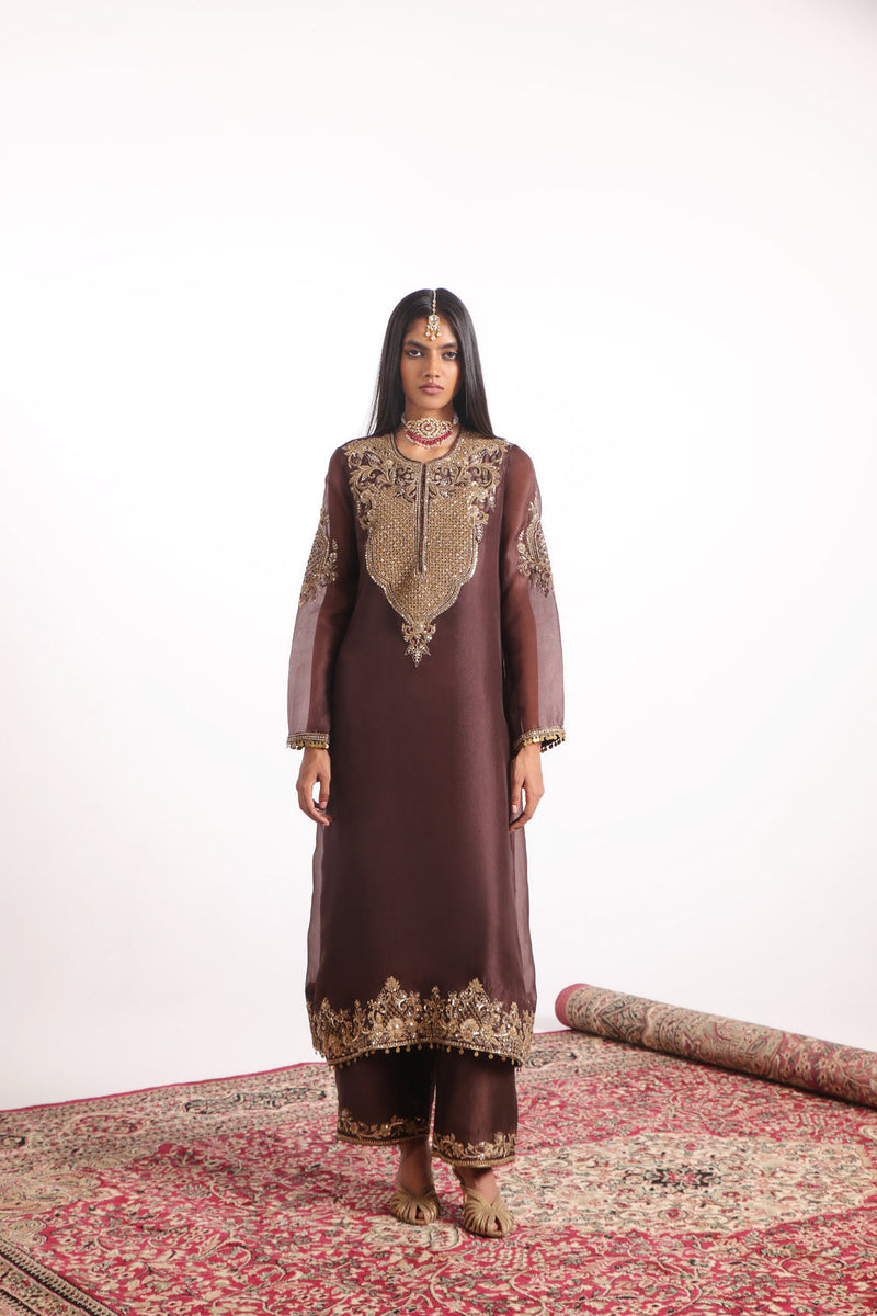 Zar-Rang Brown Straight Kurta Set organza, silk tencel kurta/kurta set by Niti Bothra in brown for women in Singapore