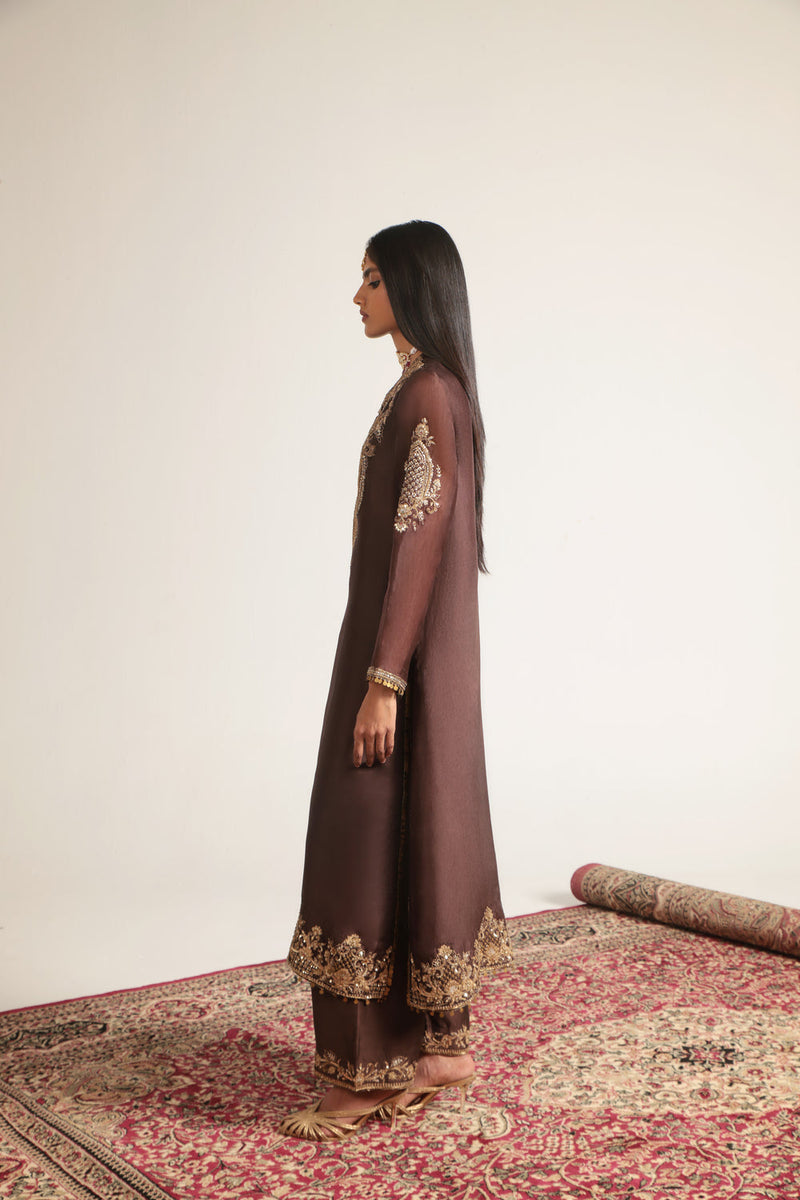 Zar-Rang Brown Straight Kurta Set organza, silk tencel kurta/kurta set by Niti Bothra in brown for women in Singapore