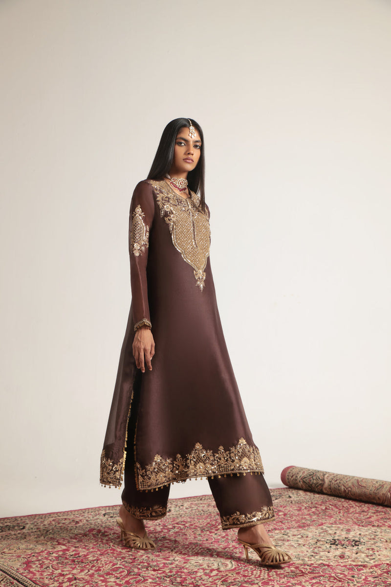 Zar-Rang Brown Straight Kurta Set organza, silk tencel kurta/kurta set by Niti Bothra in brown for women in Singapore
