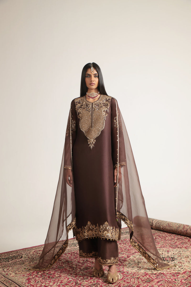 Zar-Rang Brown Straight Kurta Set organza, silk tencel kurta/kurta set by Niti Bothra in brown for women in Singapore