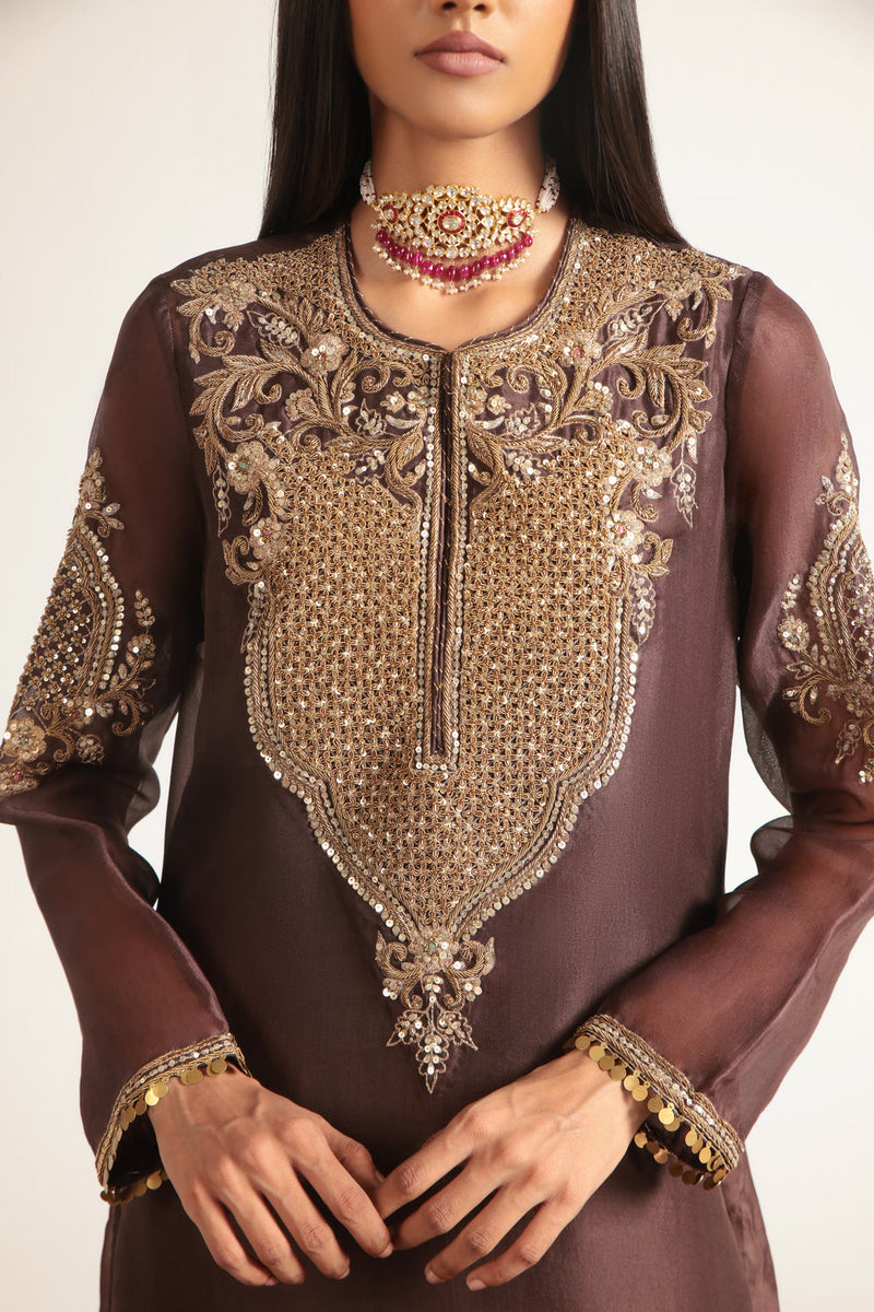 Zar-Rang Brown Straight Kurta Set organza, silk tencel kurta/kurta set by Niti Bothra in brown for women in Singapore