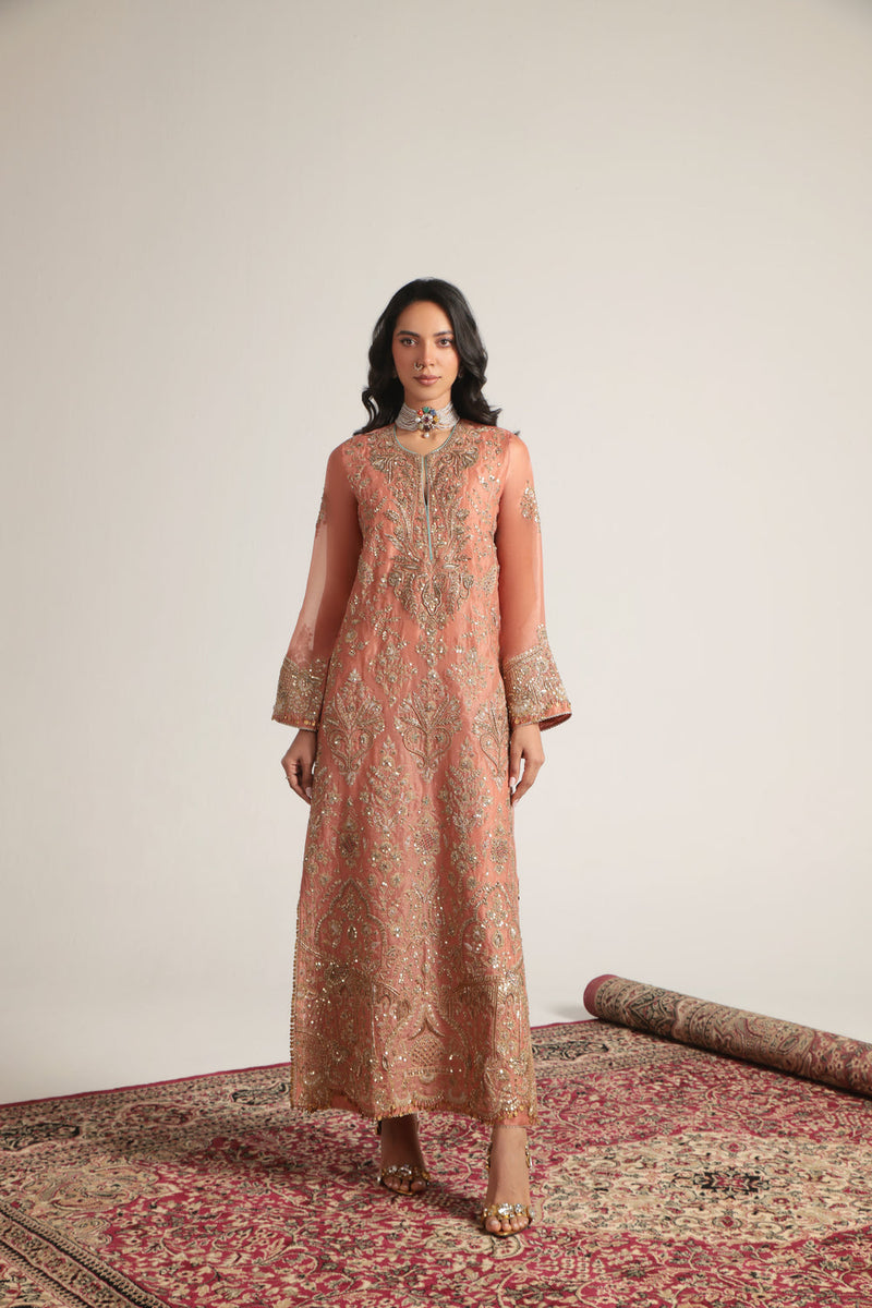 Zar-Rang Peach Heavy Jaal Kaftan Set organza kurta/kurta set by Niti Bothra in peach for women in Singapore