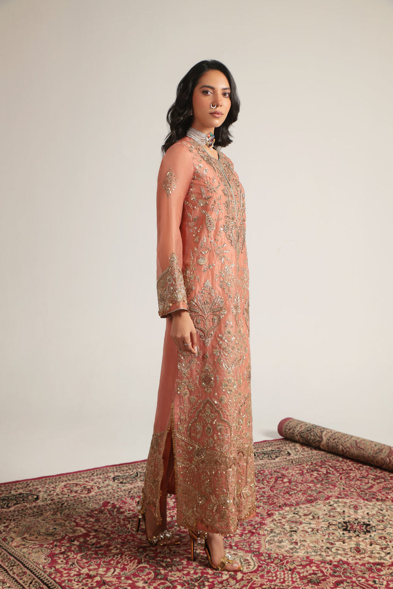 Zar-Rang Peach Heavy Jaal Kaftan Set organza kurta/kurta set by Niti Bothra in peach for women in Singapore