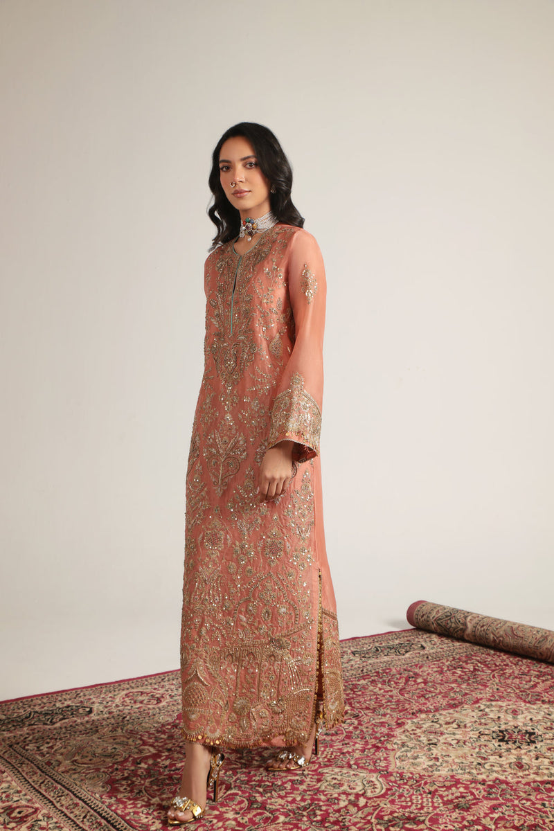 Zar-Rang Peach Heavy Jaal Kaftan Set organza kurta/kurta set by Niti Bothra in peach for women in Singapore