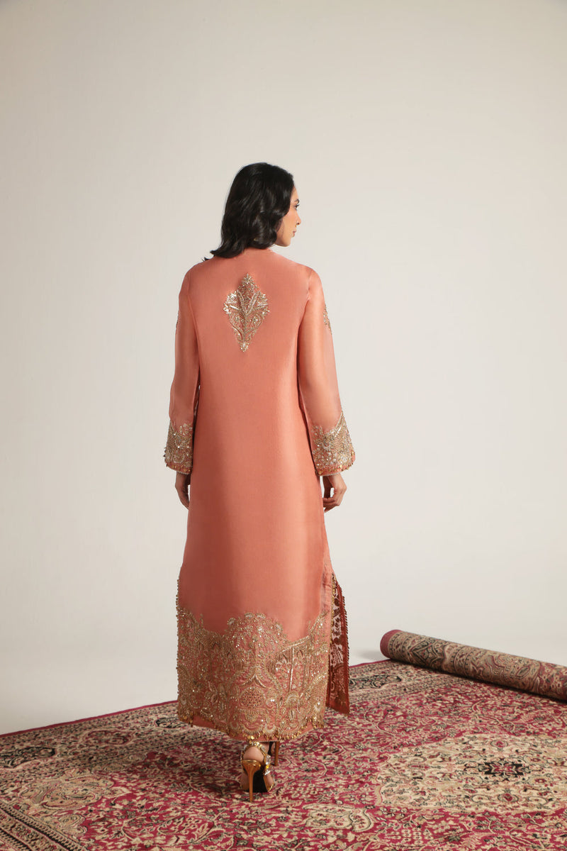Zar-Rang Peach Heavy Jaal Kaftan Set organza kurta/kurta set by Niti Bothra in peach for women in Singapore