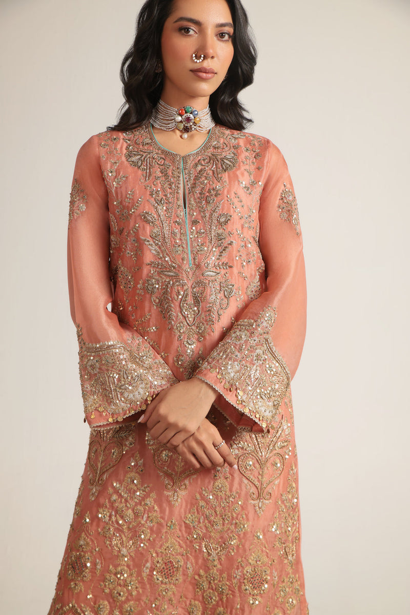 Zar-Rang Peach Heavy Jaal Kaftan Set organza kurta/kurta set by Niti Bothra in peach for women in Singapore