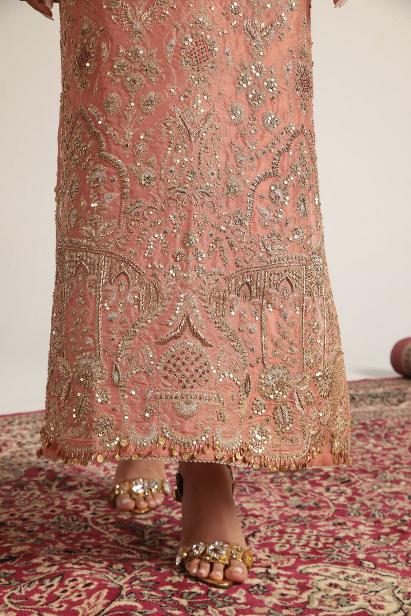 Zar-Rang Peach Heavy Jaal Kaftan Set organza kurta/kurta set by Niti Bothra in peach for women in Singapore