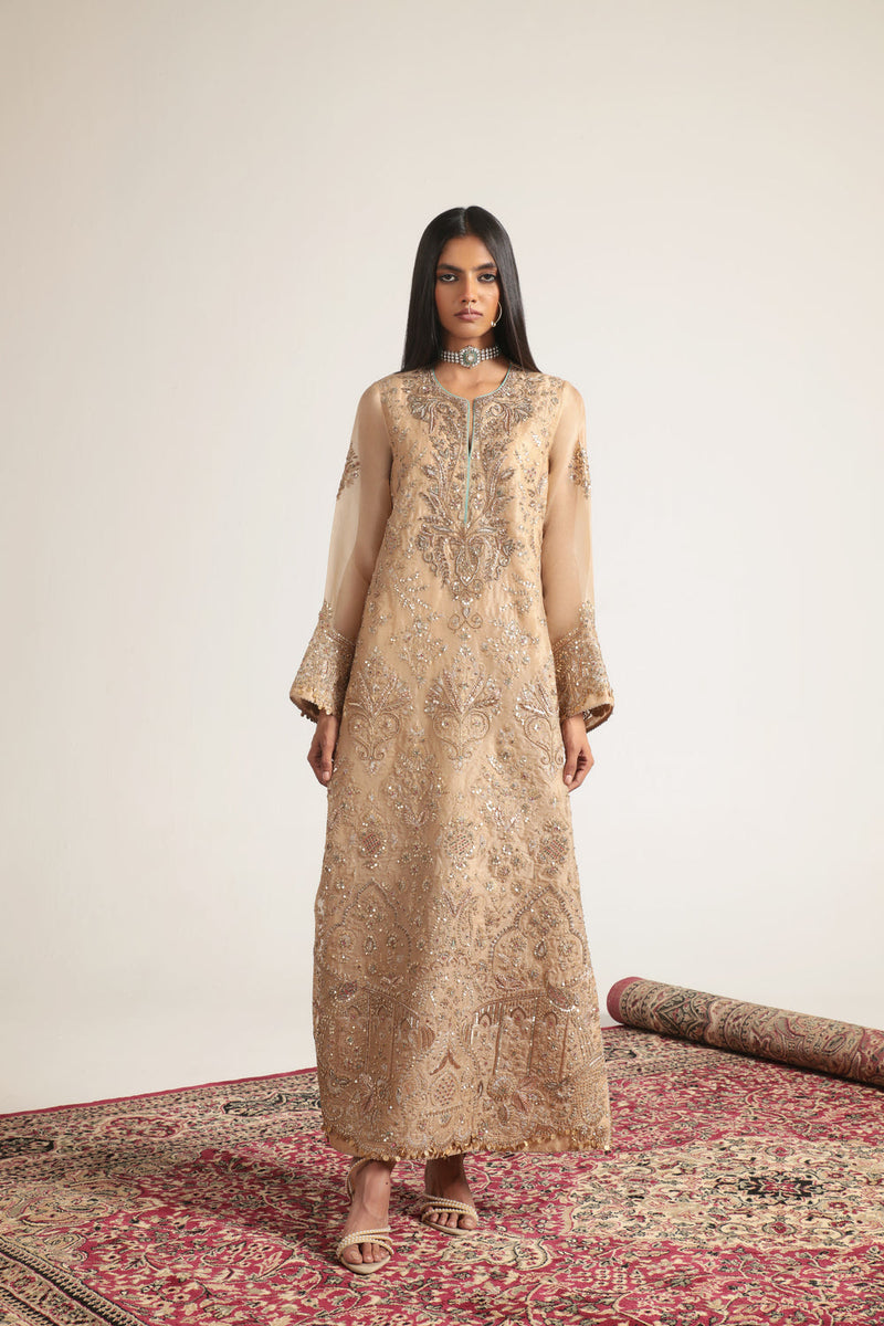 Zar-Rang Ivory Heavy Jaal Kaftan Set organza kurta/kurta set by Niti Bothra in ivory for women in Singapore