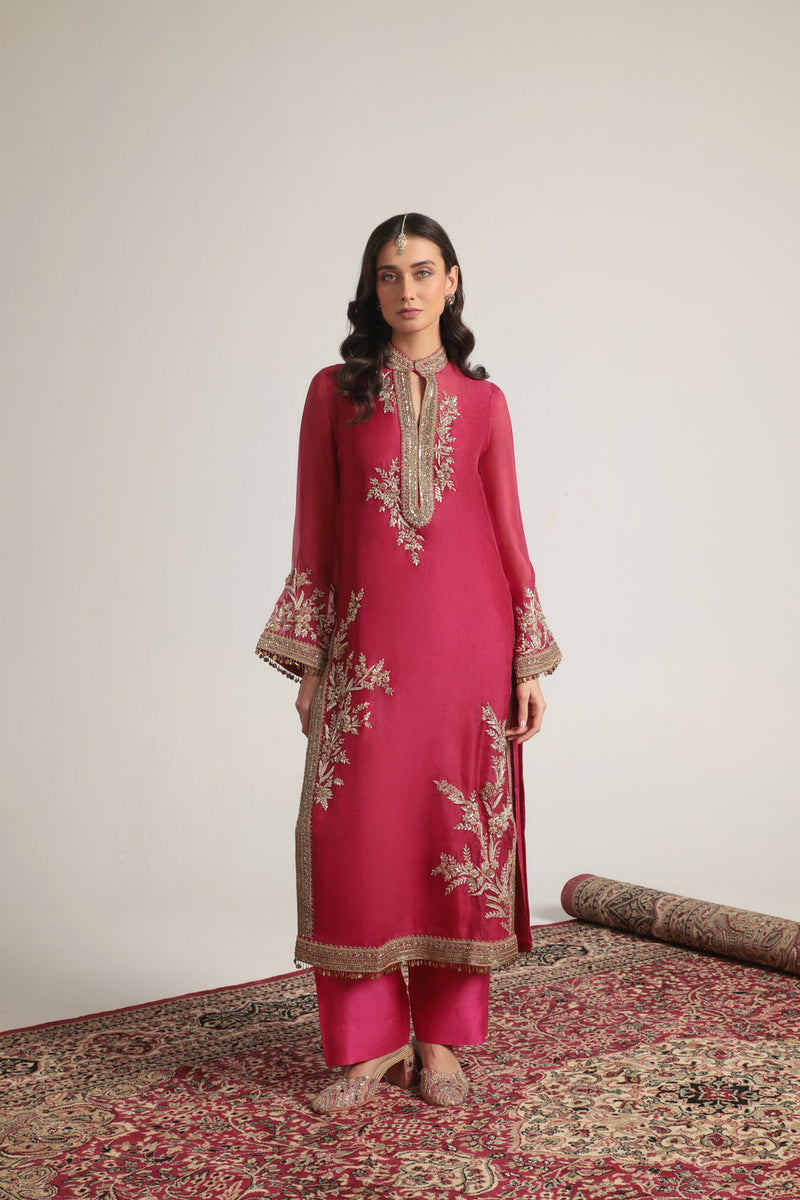 Zar-Rang Pink Jaal Kurta Set organza, silk tencel kurta/kurta set by Niti Bothra in pink for women in Singapore