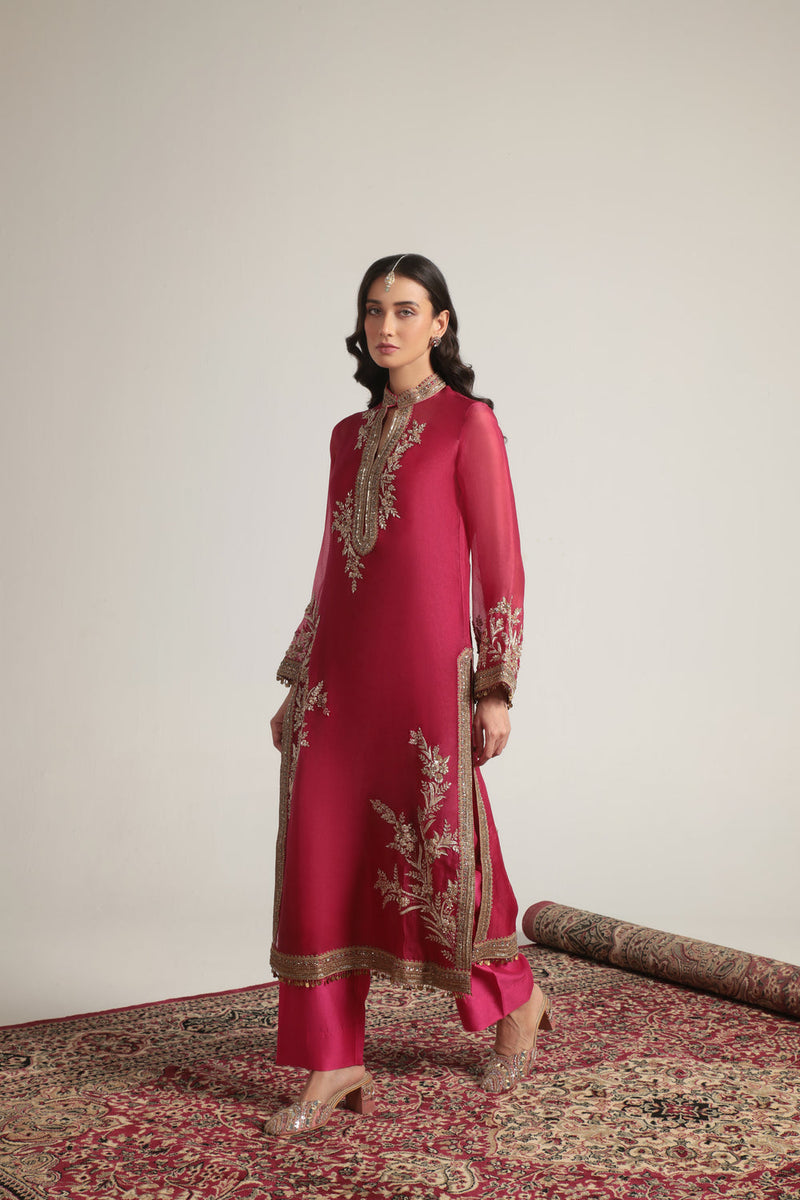 Zar-Rang Pink Jaal Kurta Set organza, silk tencel kurta/kurta set by Niti Bothra in pink for women in Singapore
