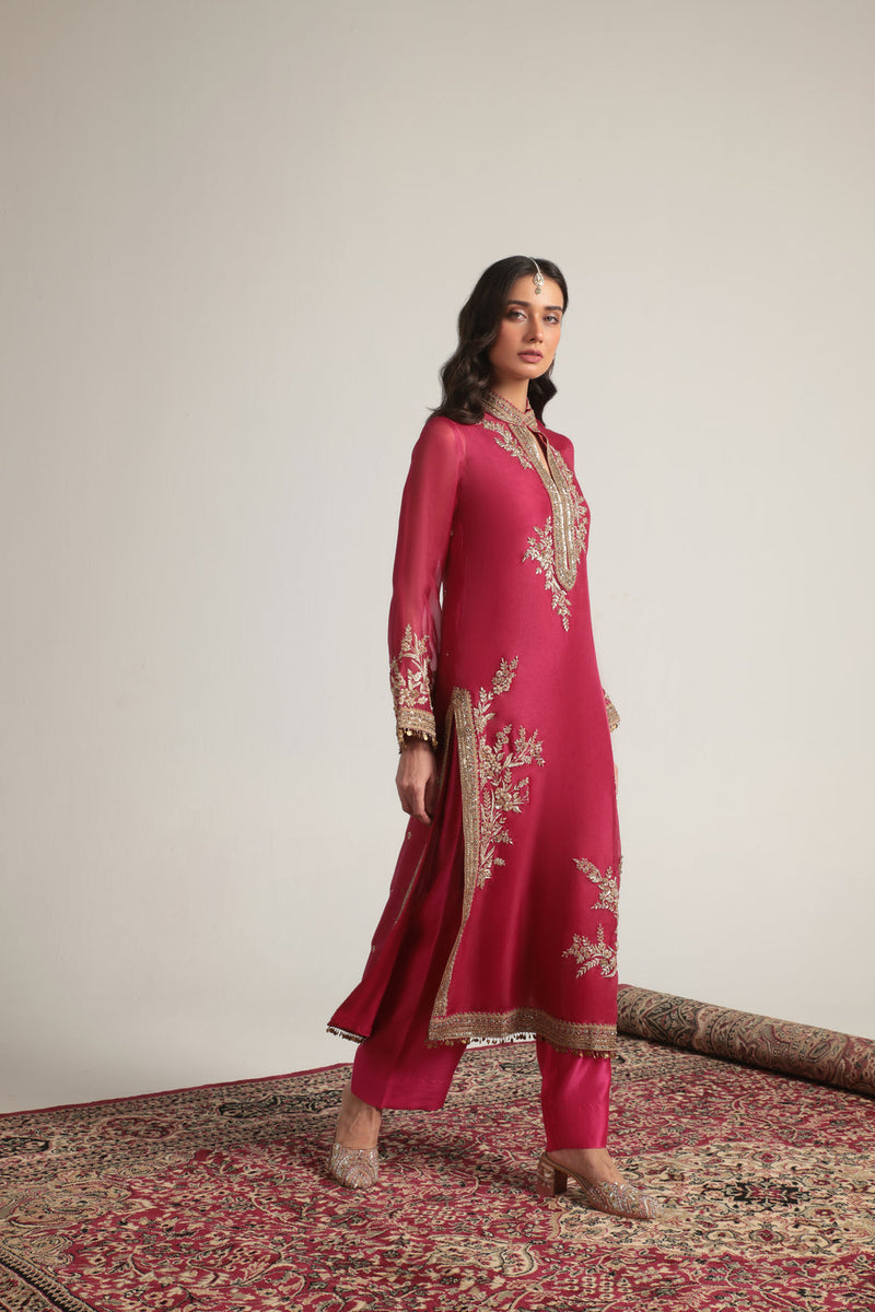 Zar-Rang Pink Jaal Kurta Set organza, silk tencel kurta/kurta set by Niti Bothra in pink for women in Singapore