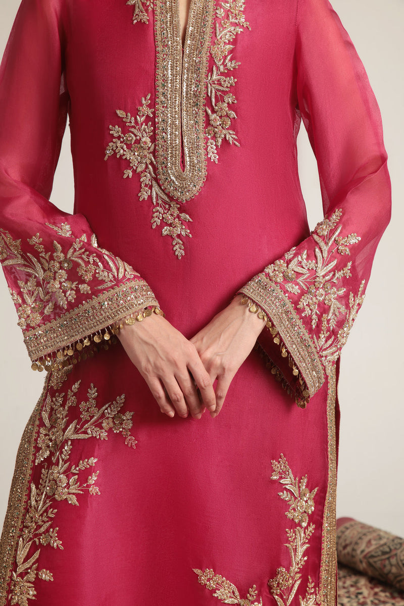 Zar-Rang Pink Jaal Kurta Set organza, silk tencel kurta/kurta set by Niti Bothra in pink for women in Singapore